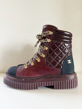 Chanel 2021 Burgundy Black Quilted Leather Combat Boots EU 38.5